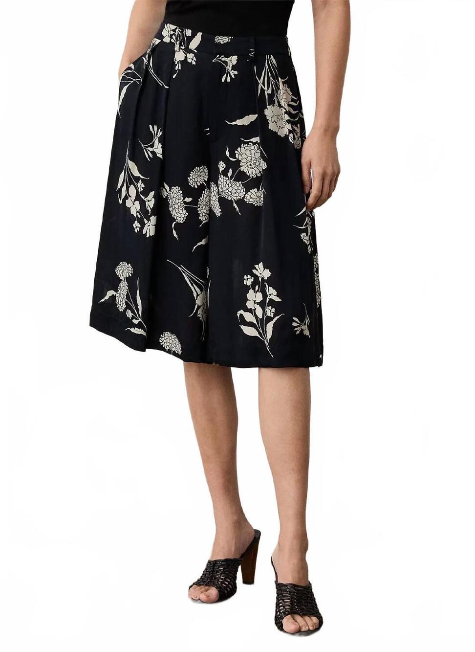 NEW RALPH LAUREN averey wild flower printed pleated shorts in black cream